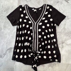 Anthropologie Akemi + Kin XSmall XS Black & White Polka Dot‎ V Neck Tee Tie Top